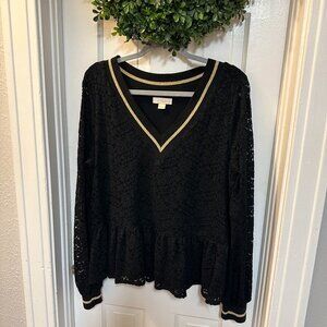 & Layered Black Top w/Lace Overlay and Ruffle Waistline-Gold Neck and Cuff-L